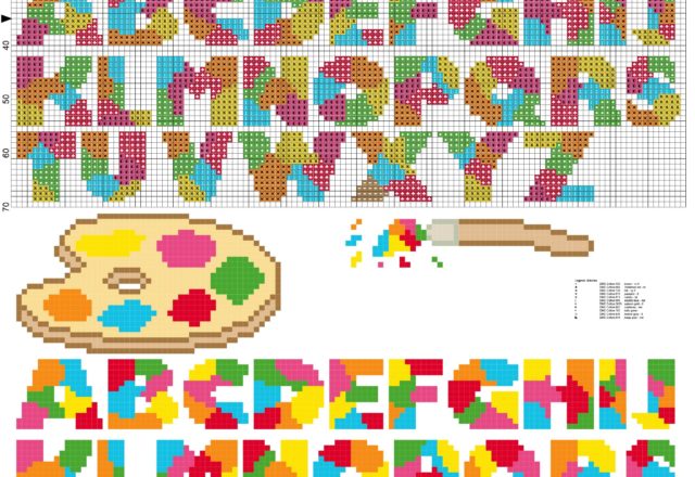 alphabet with brush and palette cross stitch pattern