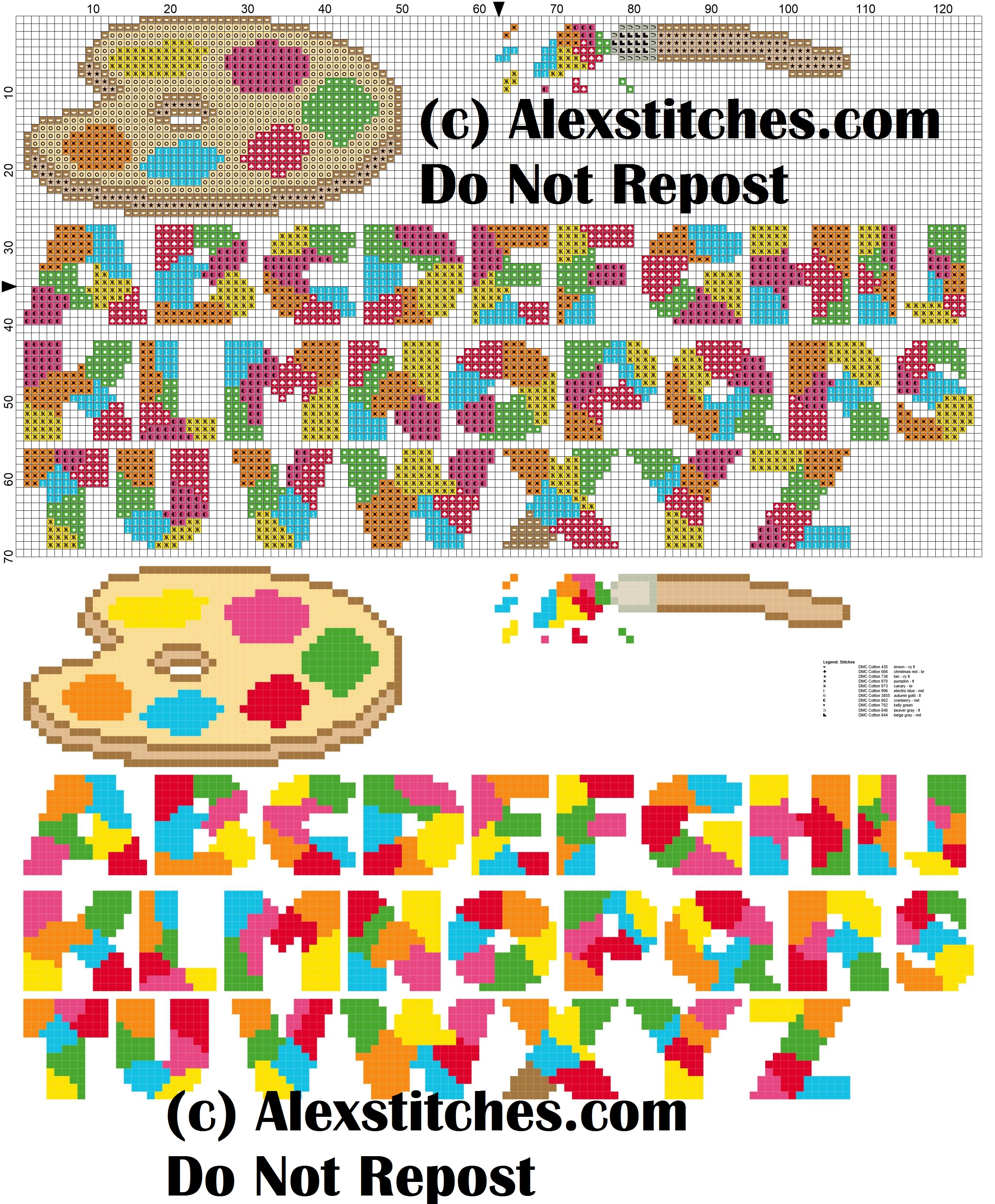 alphabet with brush and palette cross stitch pattern