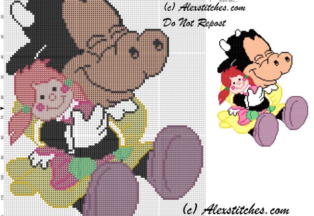 baby Clarabelle Cow combing her doll cross stitch pattern