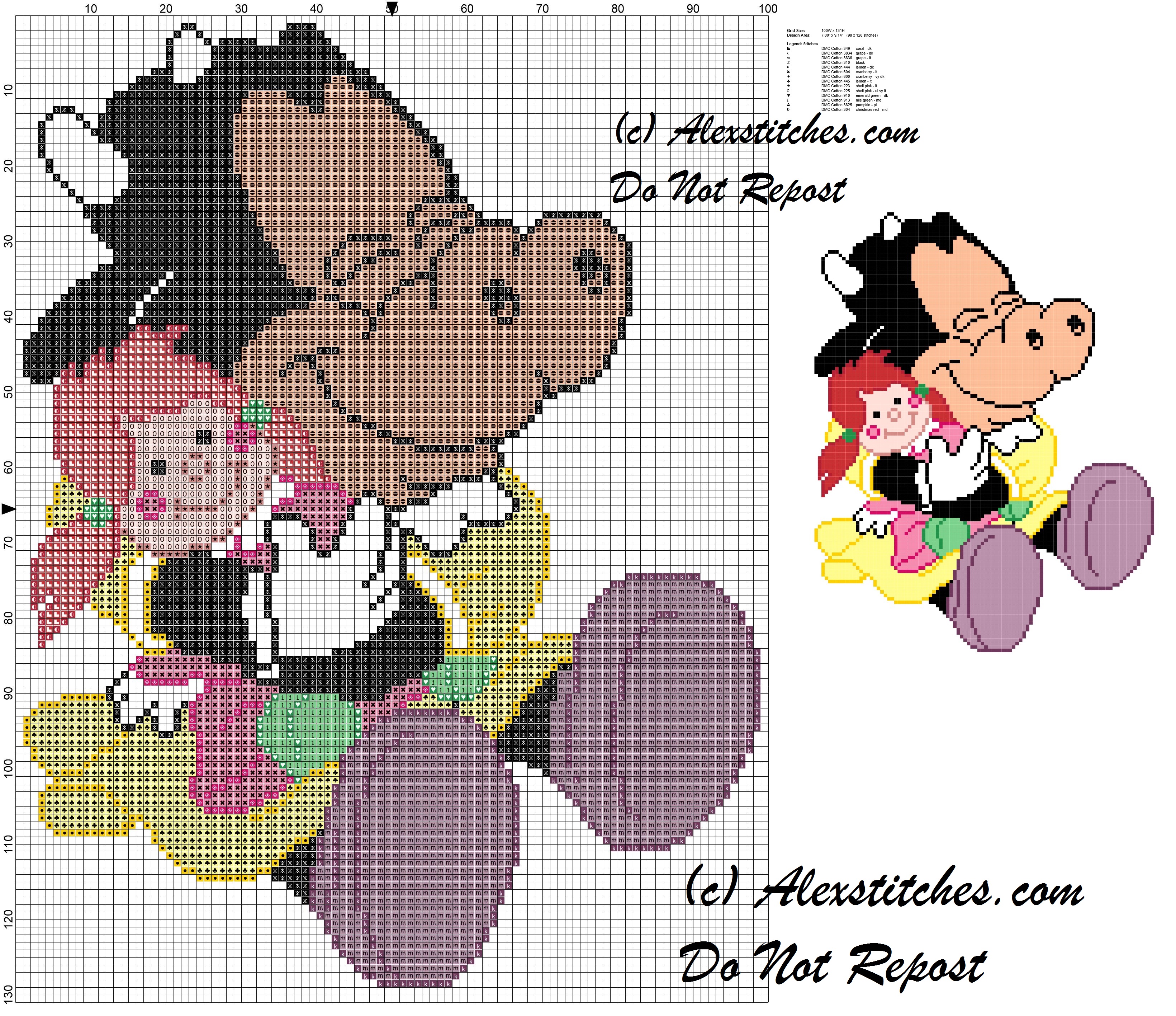 baby Clarabelle Cow combing her doll cross stitch pattern