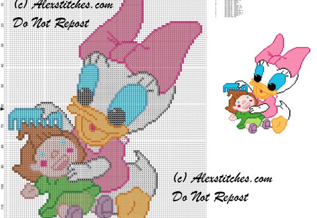 baby Daisy Duck combing her doll cross stitch pattern