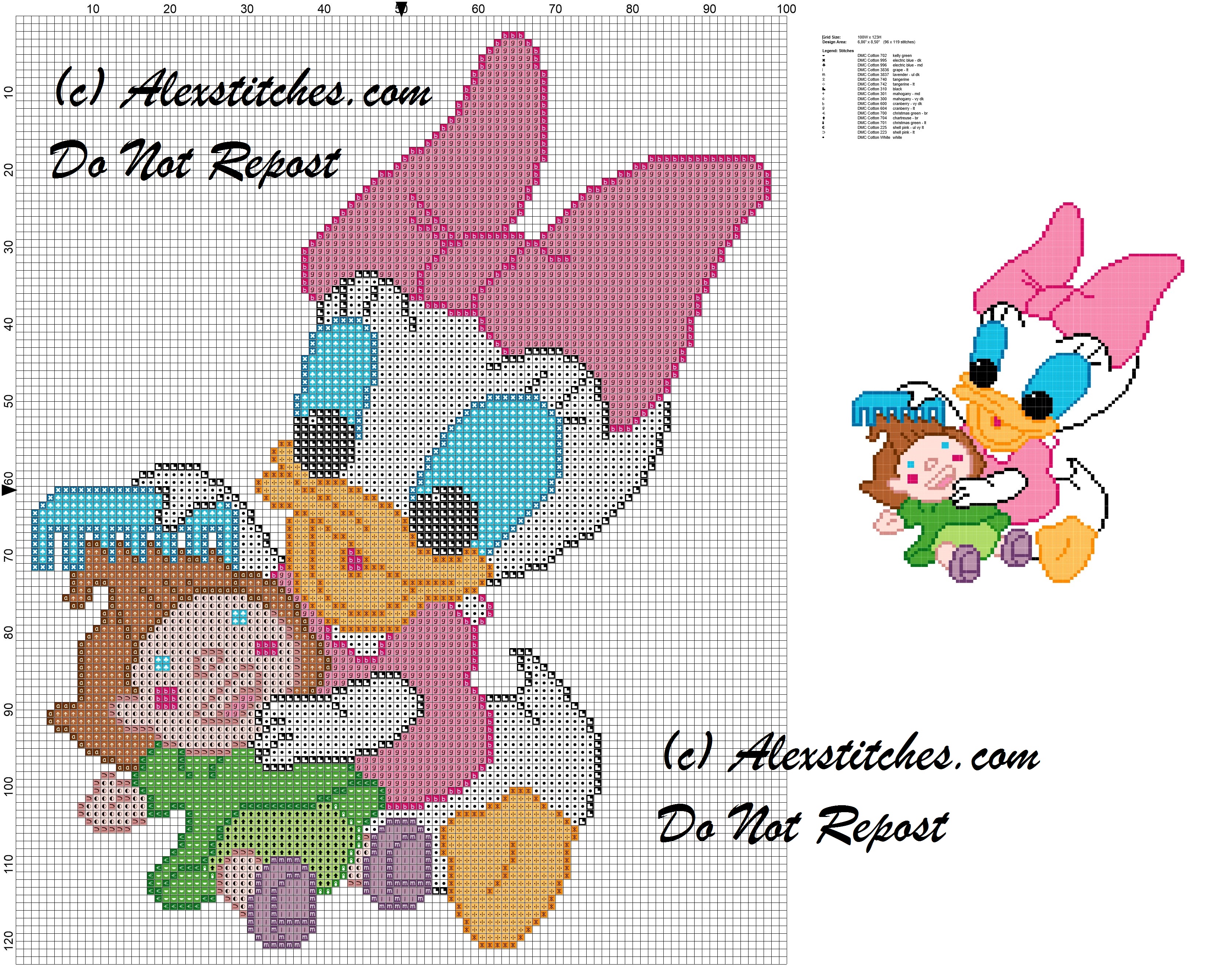 baby Daisy Duck combing her doll cross stitch pattern