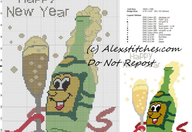 cross stitch pattern with a bottle of sparkling wine