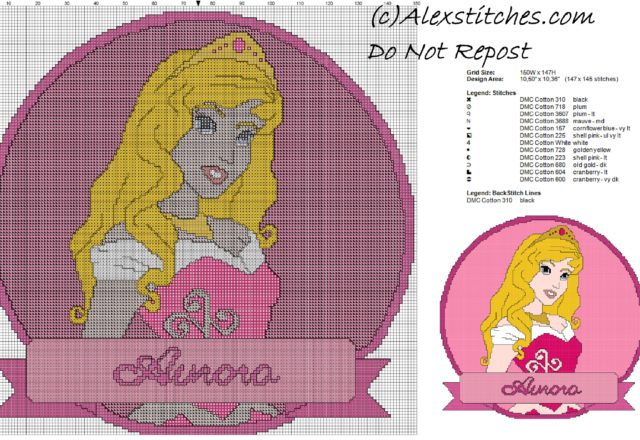 disney princess Aurora cross stitch pattern cushion