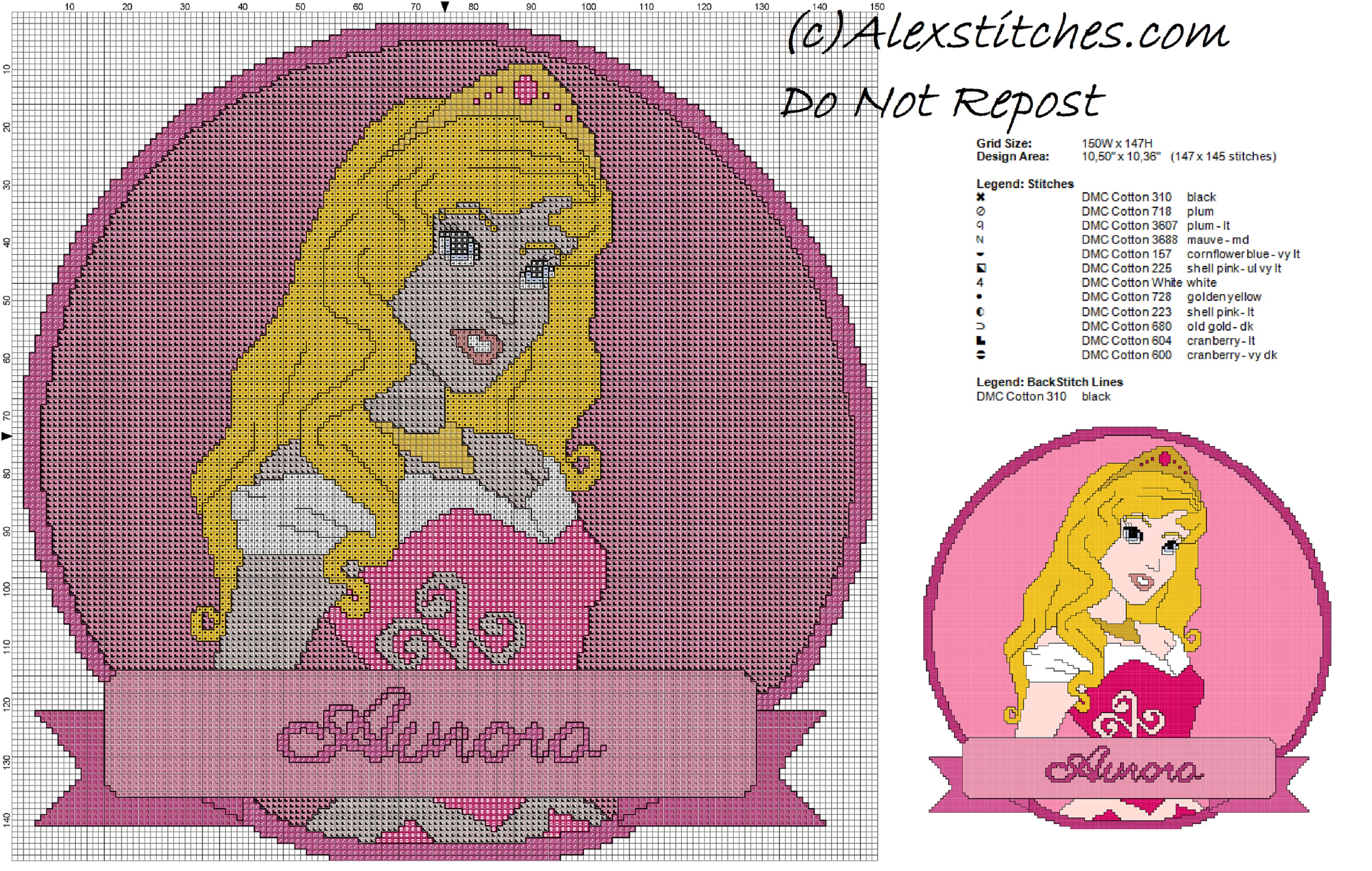 disney princess Aurora cross stitch pattern cushion