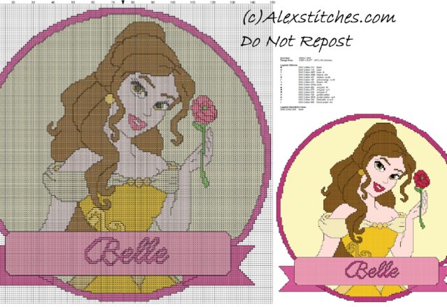 disney princess Belle cross stitch pattern cushion