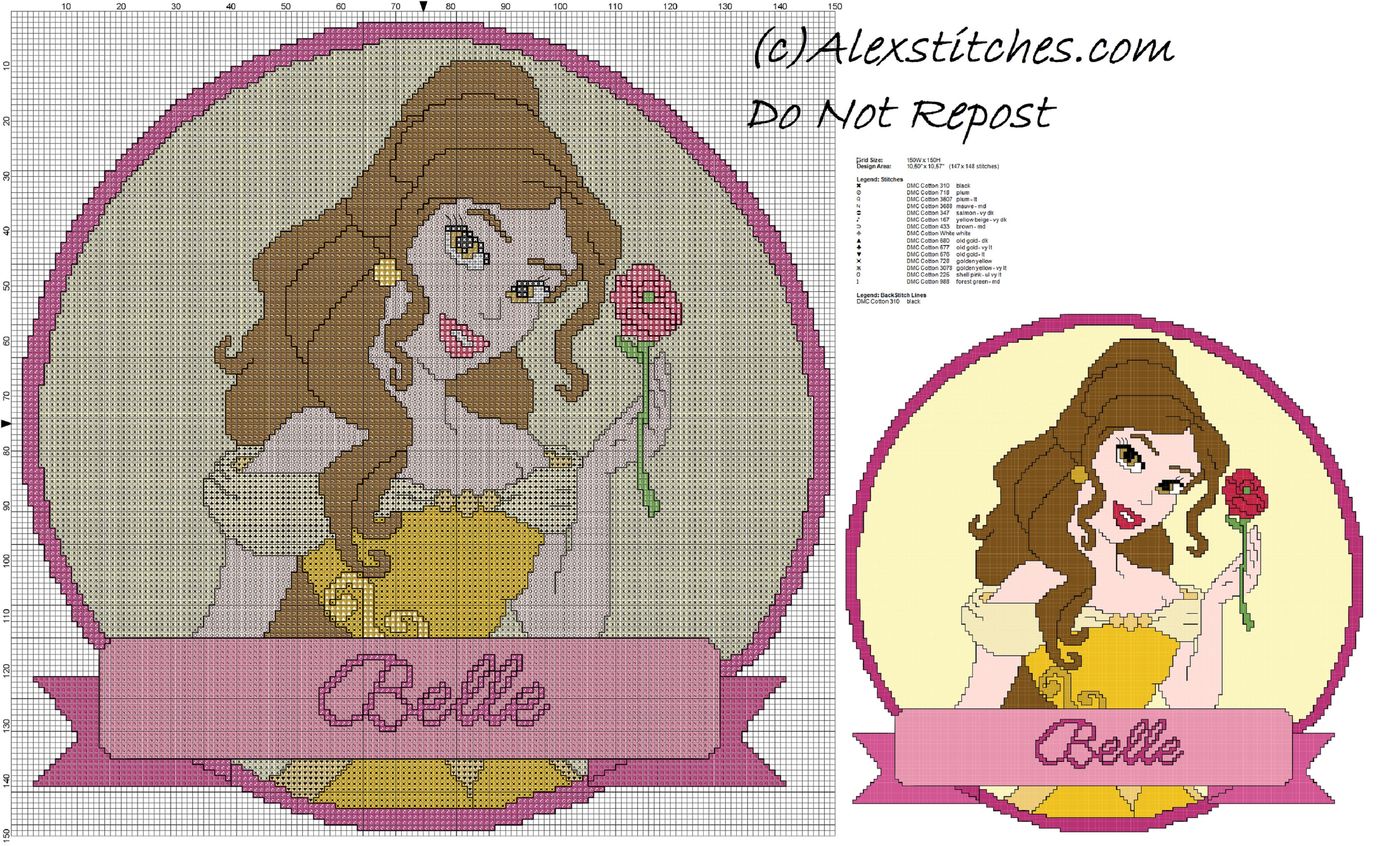 disney princess Belle cross stitch pattern cushion