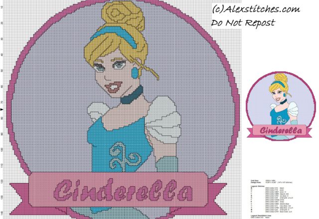 disney princess Cinderella cross stitch pattern cushion