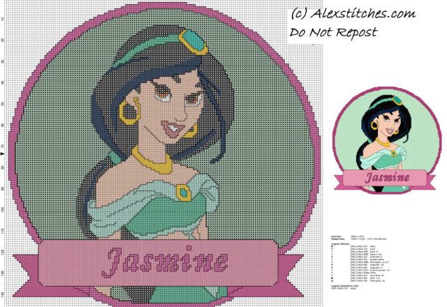 disney princess Jasmine cross stitch pattern cushion