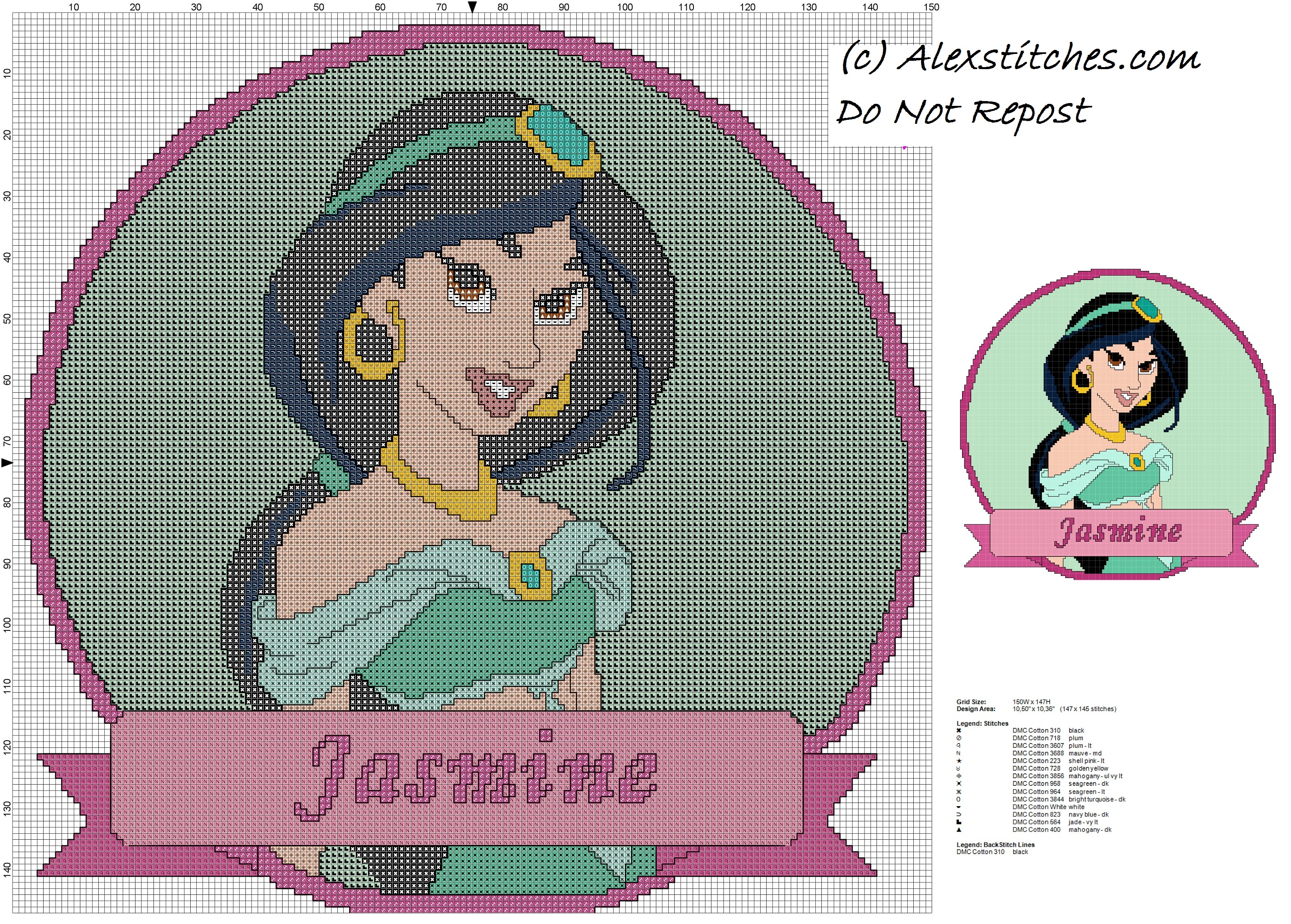 disney princess Jasmine cross stitch pattern cushion