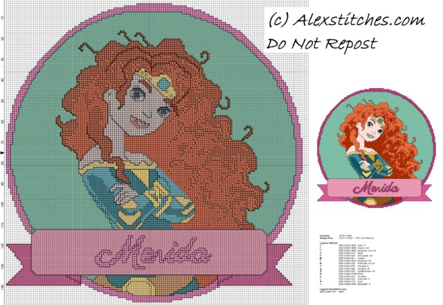 disney princess Merida cross stitch pattern cushion