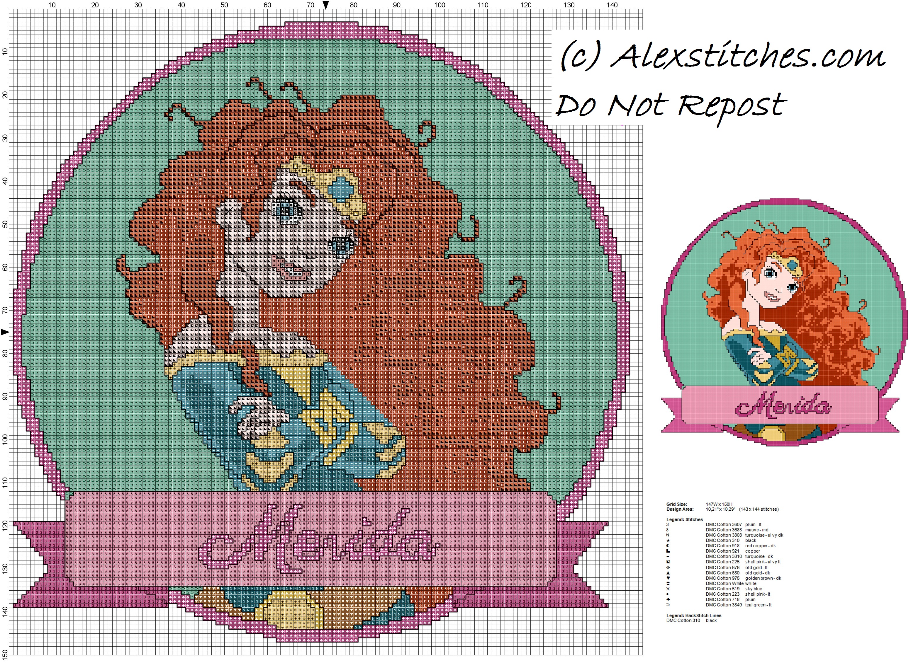 disney princess Merida cross stitch pattern cushion