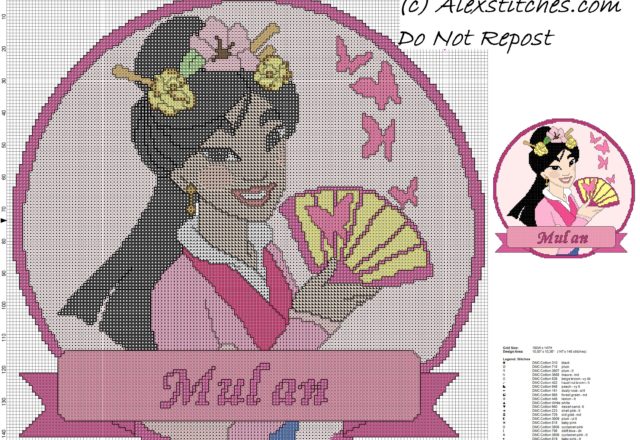 disney princess Mulan cross stitch pattern cushion