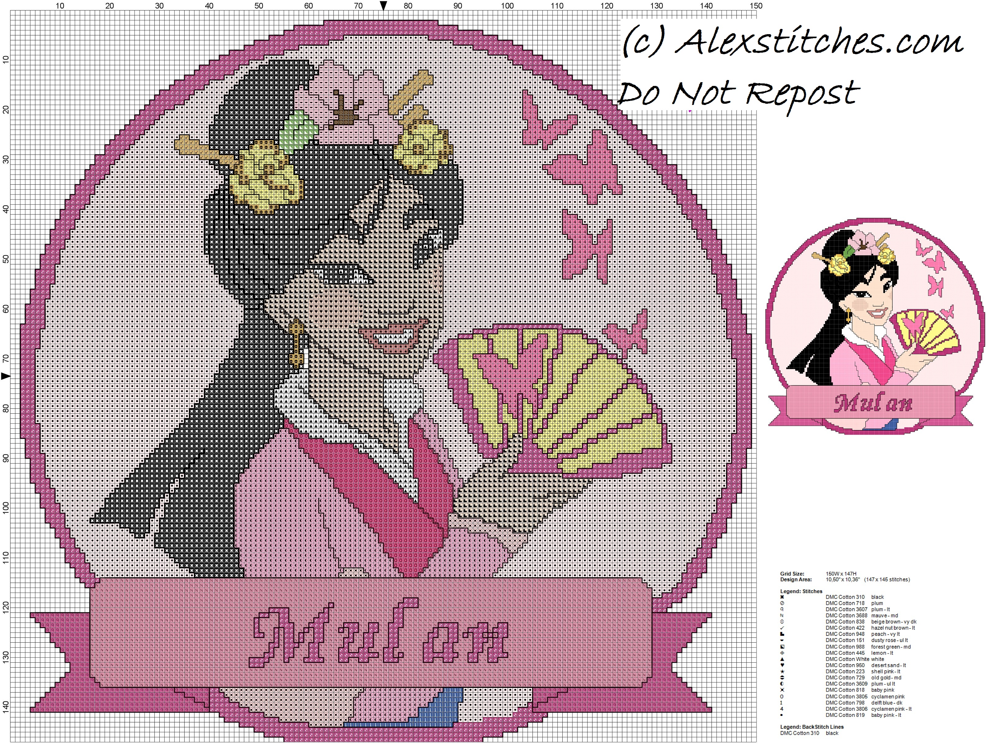 disney princess Mulan cross stitch pattern cushion