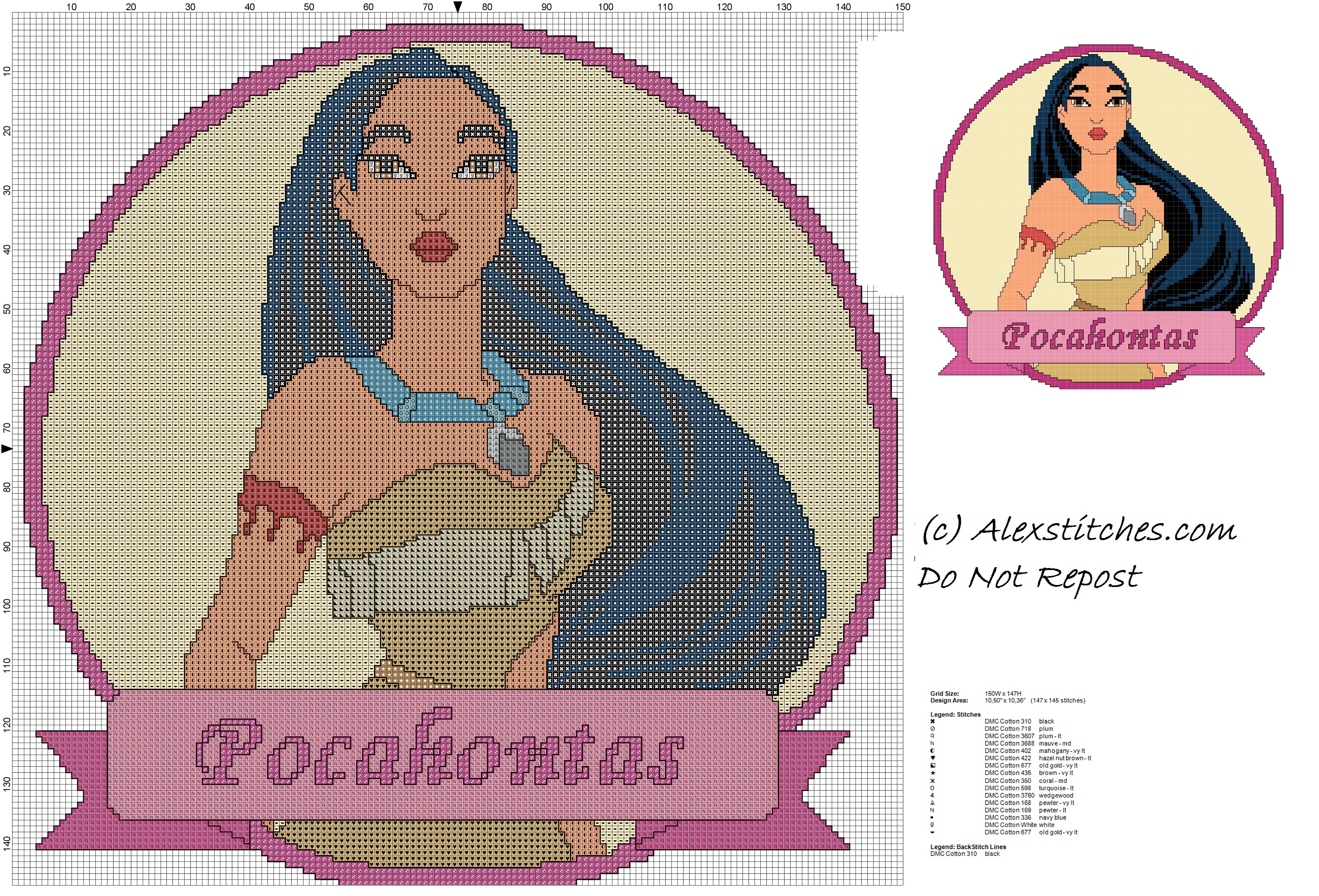 disney princess Pocahontas cross stitch pattern cushion