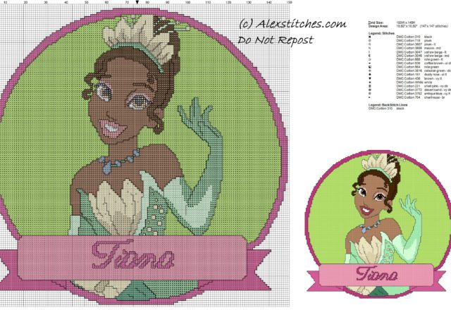 disney princess Tiana cross stitch pattern cushion