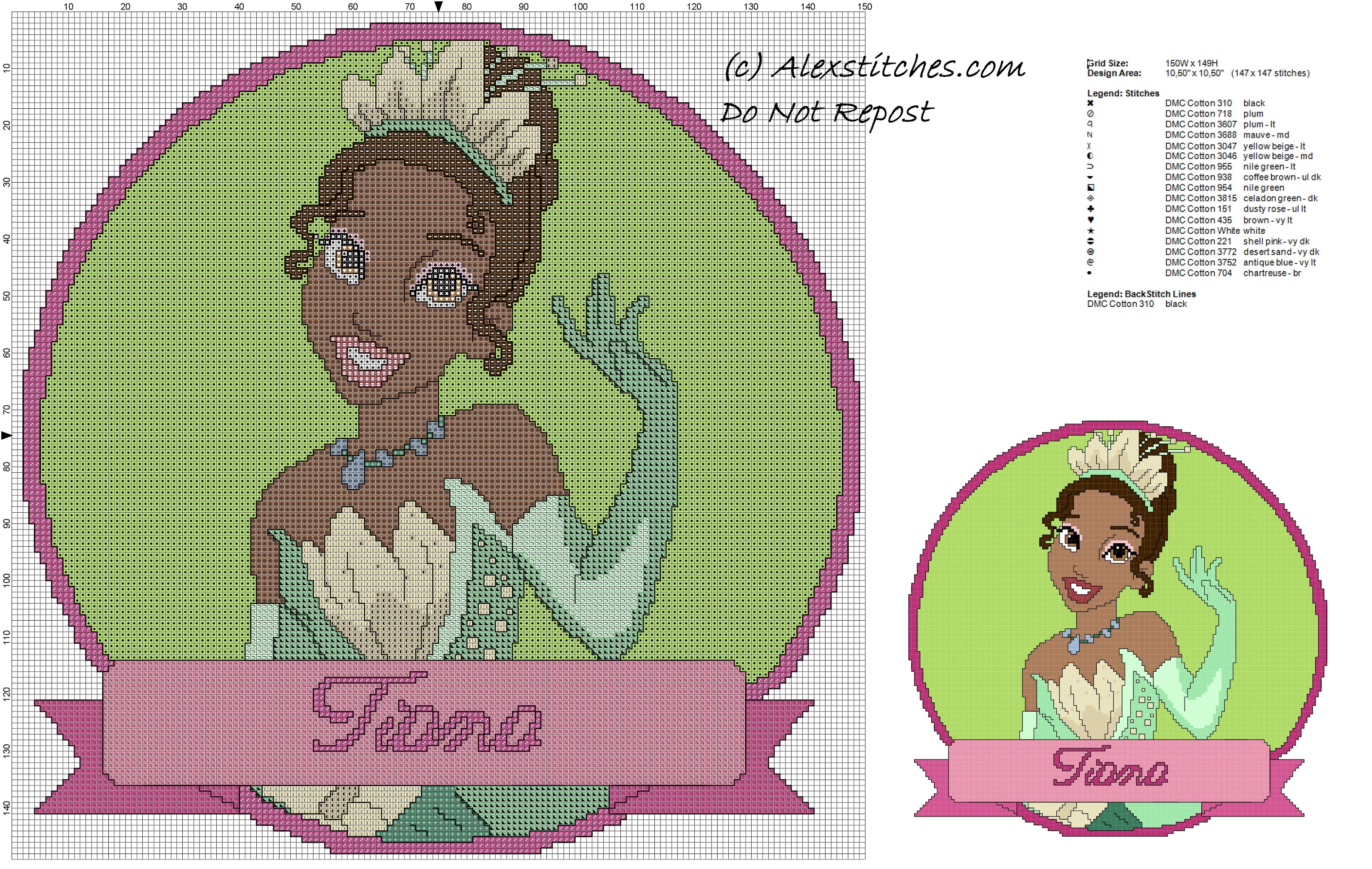 disney princess Tiana cross stitch pattern cushion