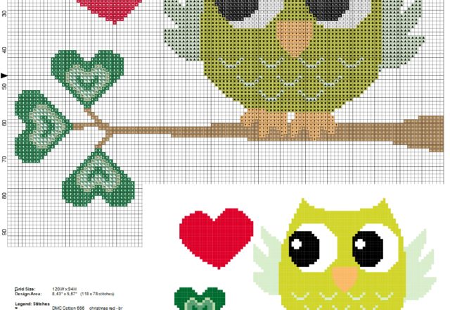 owl on branch with green leaves little hearts cross stitch pattern