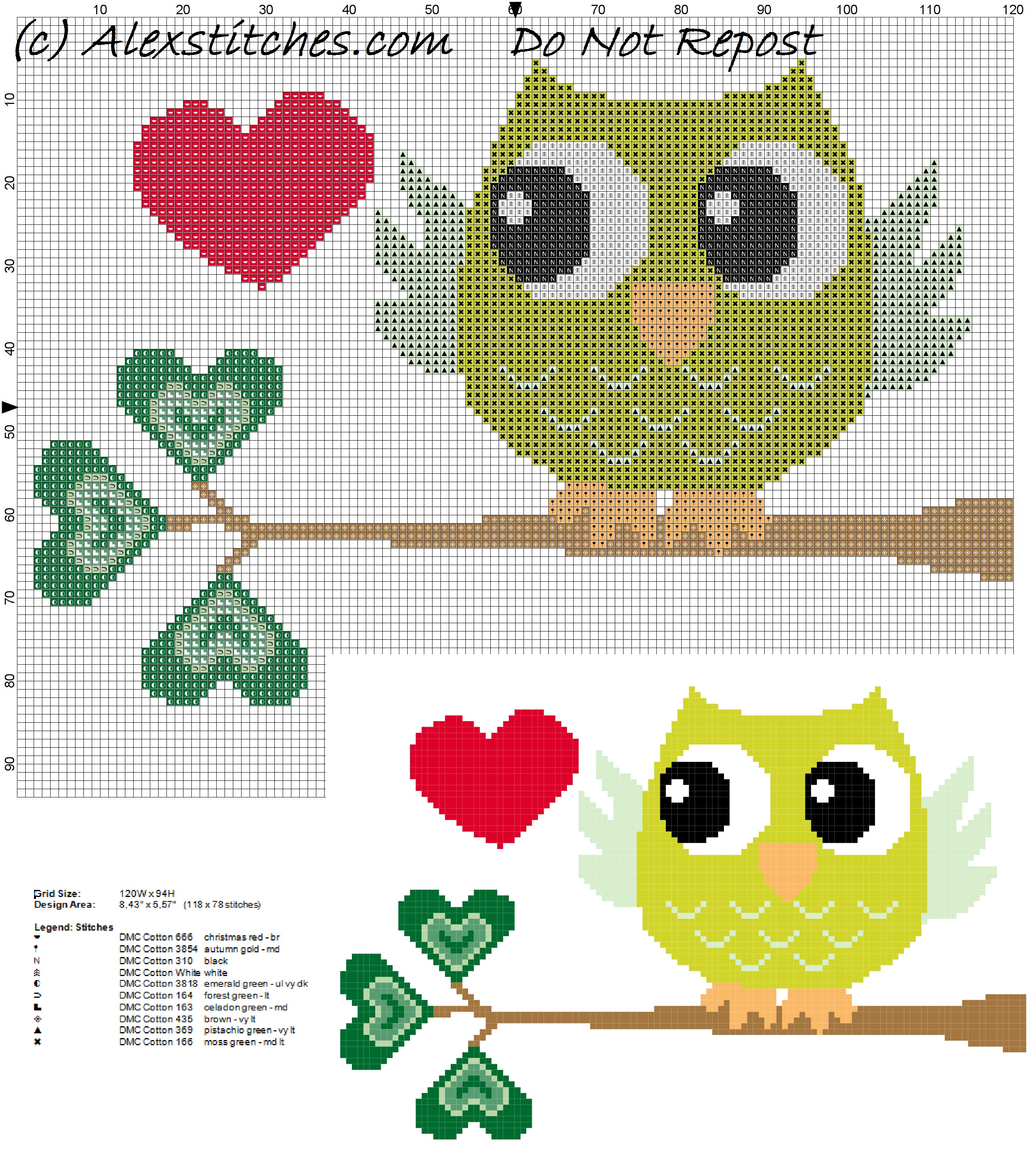 owl on branch with green leaves little hearts cross stitch pattern