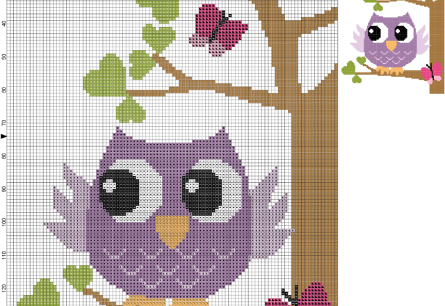 owl on tree with butterflies and hearts cross stitch pattern