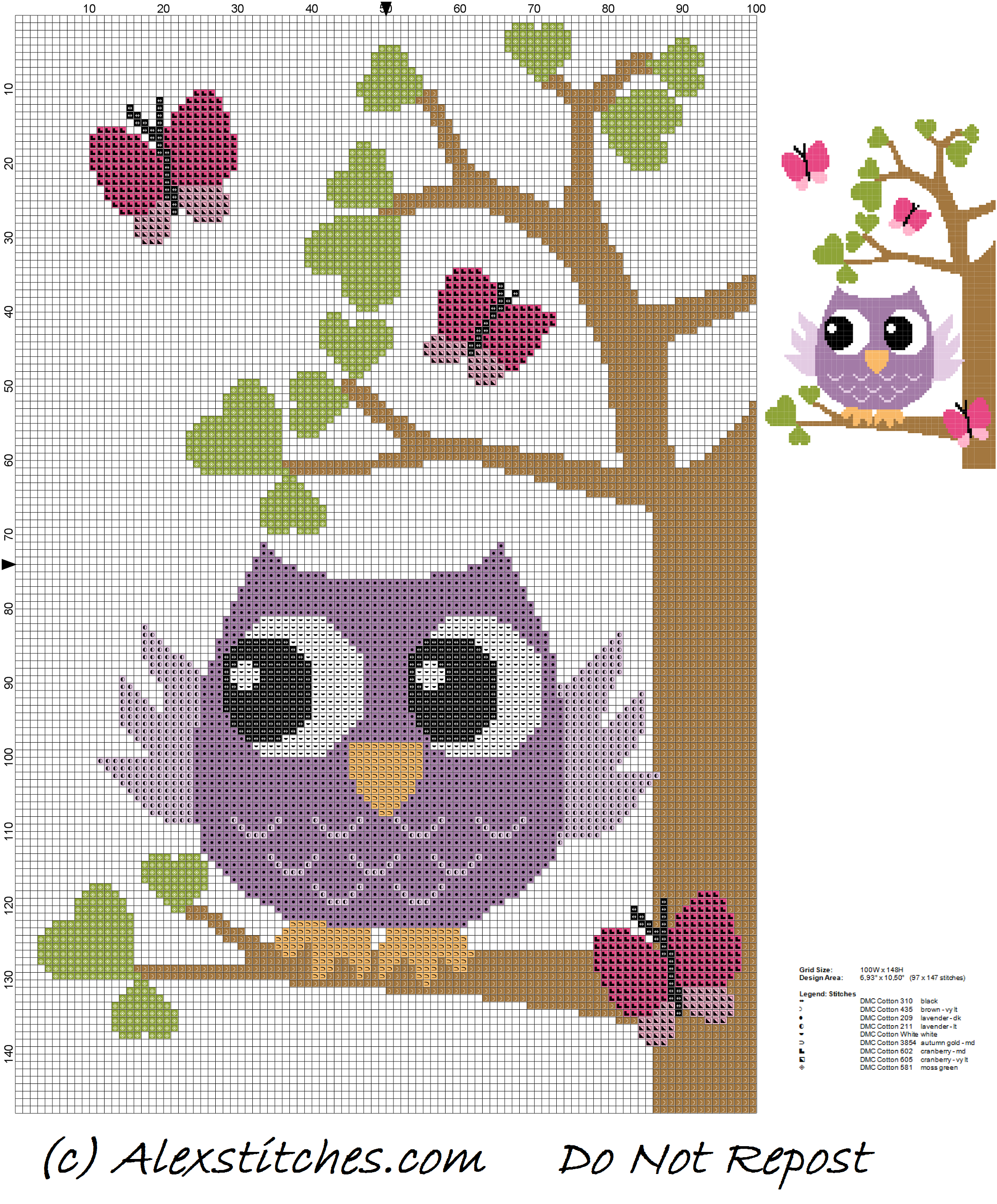 owl on tree with butterflies and hearts cross stitch pattern