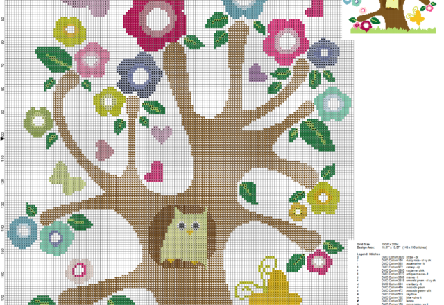 owl on tree with flowers and hearts cross stitch pattern