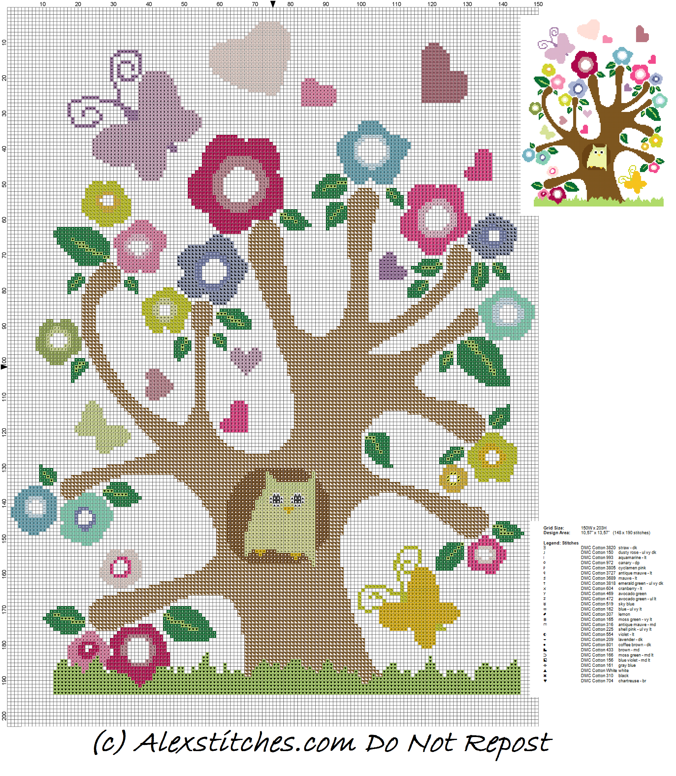 owl on tree with flowers and hearts cross stitch pattern