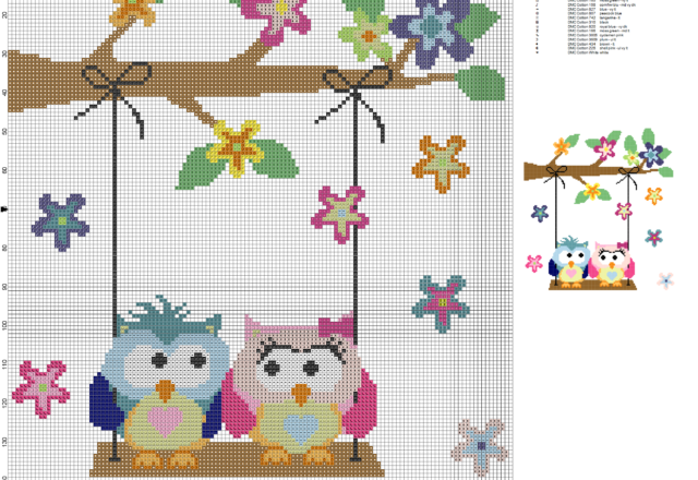 owls in love on swing cross stitch pattern