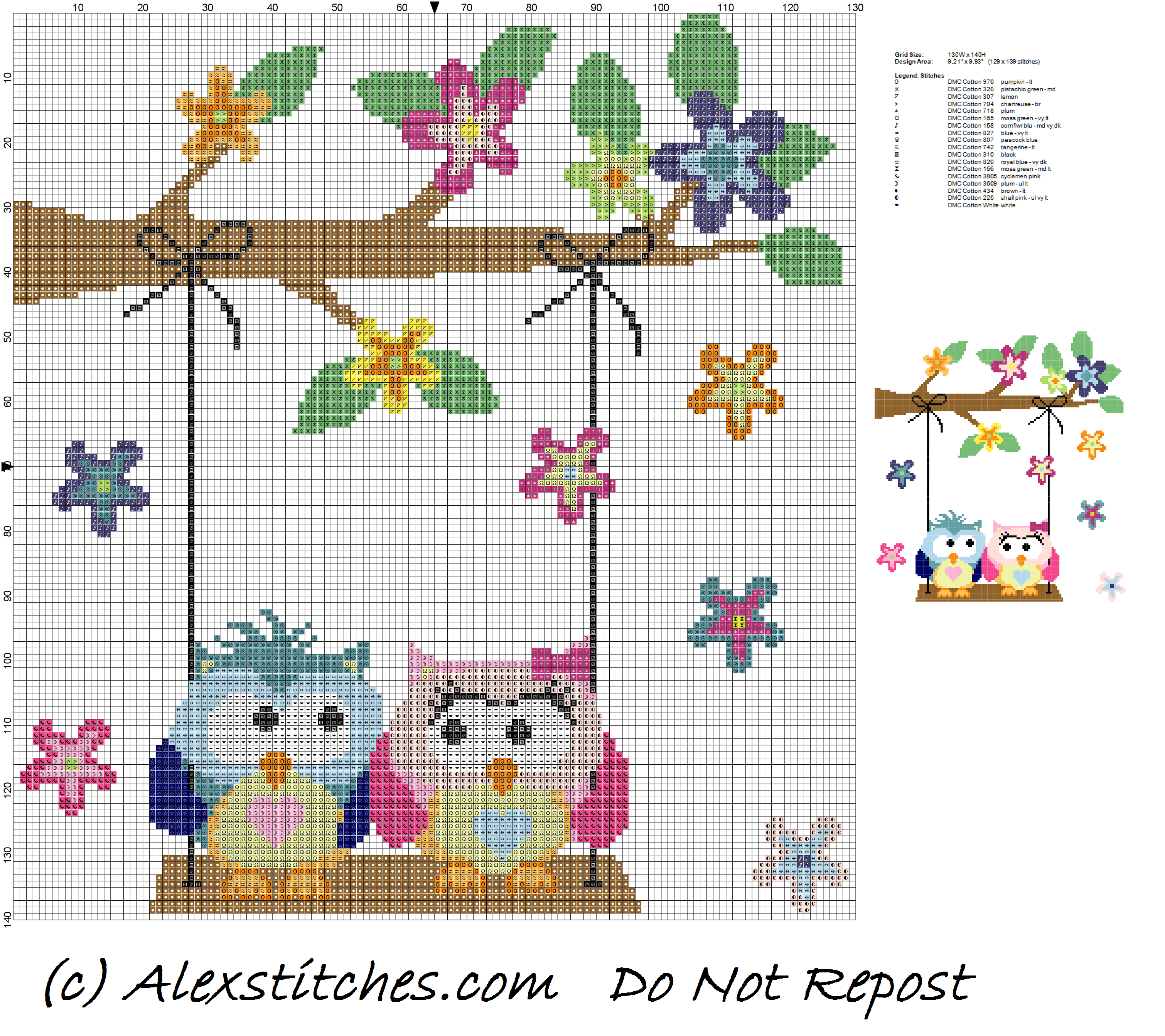 owls in love on swing cross stitch pattern