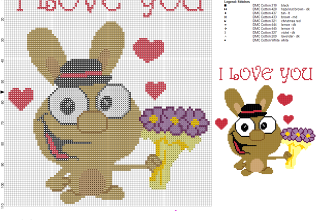 rabbit i love you with flowers cross stitch pattern
