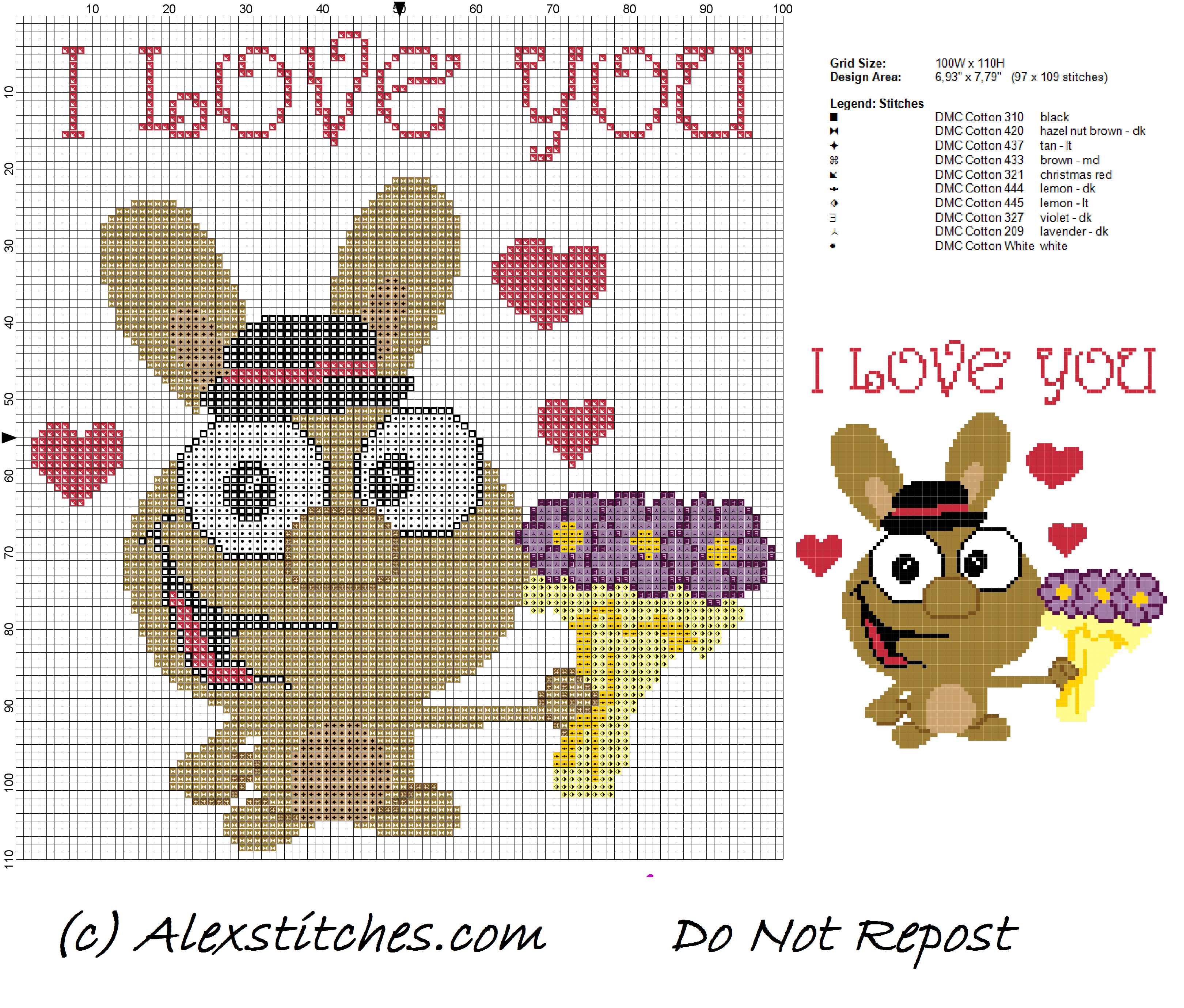 rabbit i love you with flowers cross stitch pattern