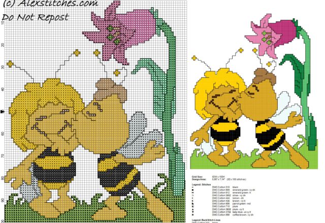 willy kisses Maya the Honey Bee cross stitch children pattern